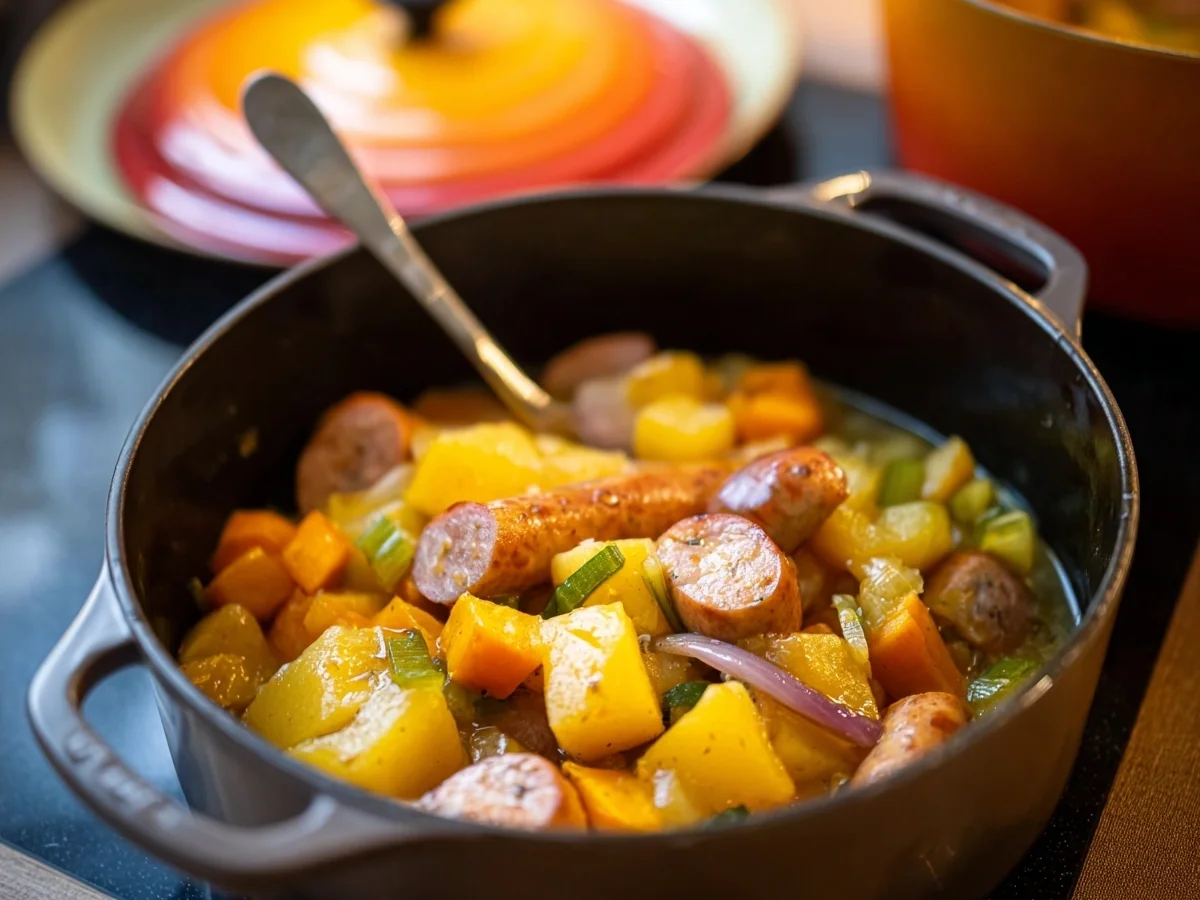 Deutscher Herbst-Eintopf mit Kürbis & würzigen Würstchen - Bild 1