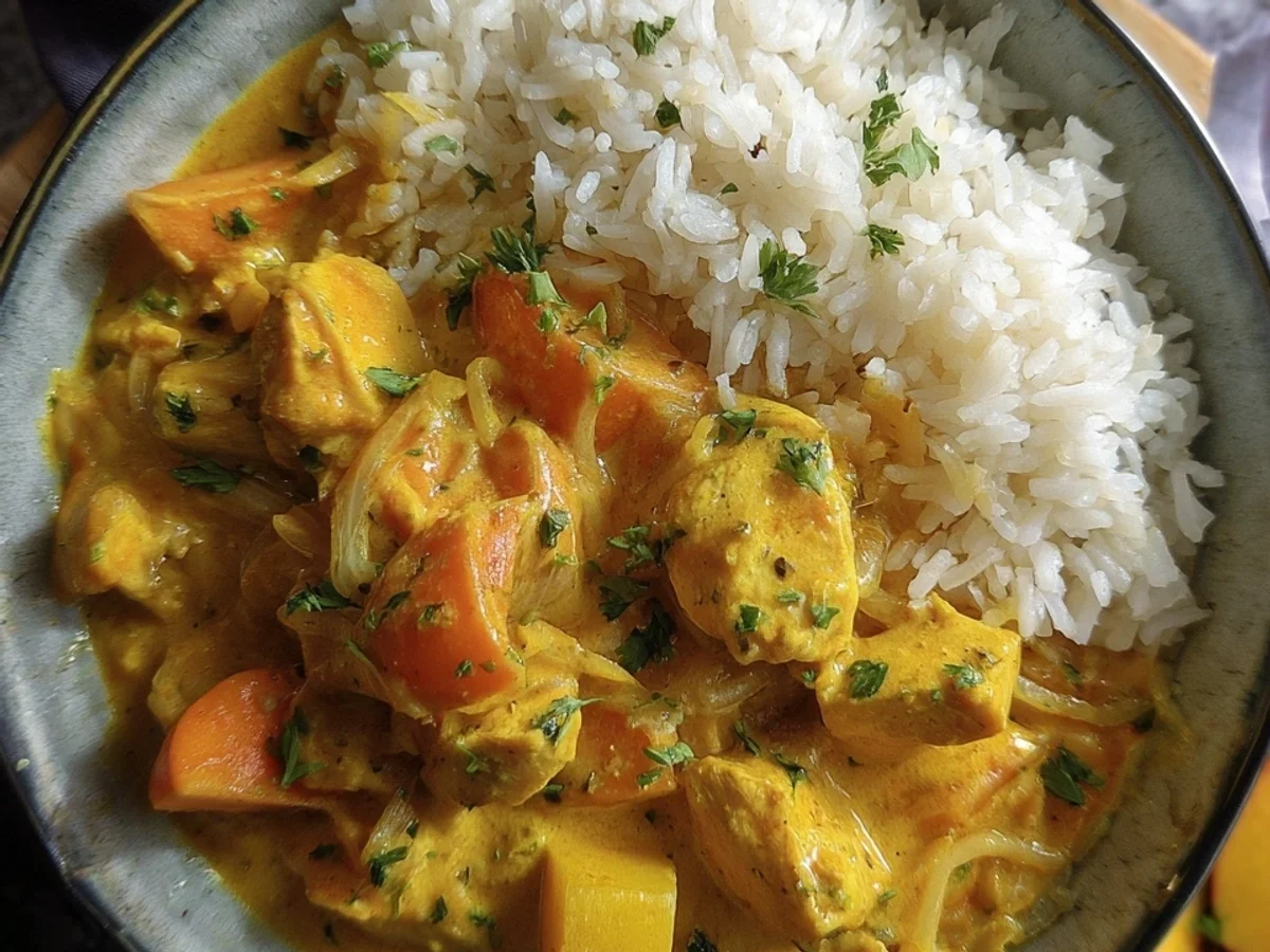 Fruchtiges Hähnchen Curry mit Reis & Pfirsich - Bild 1