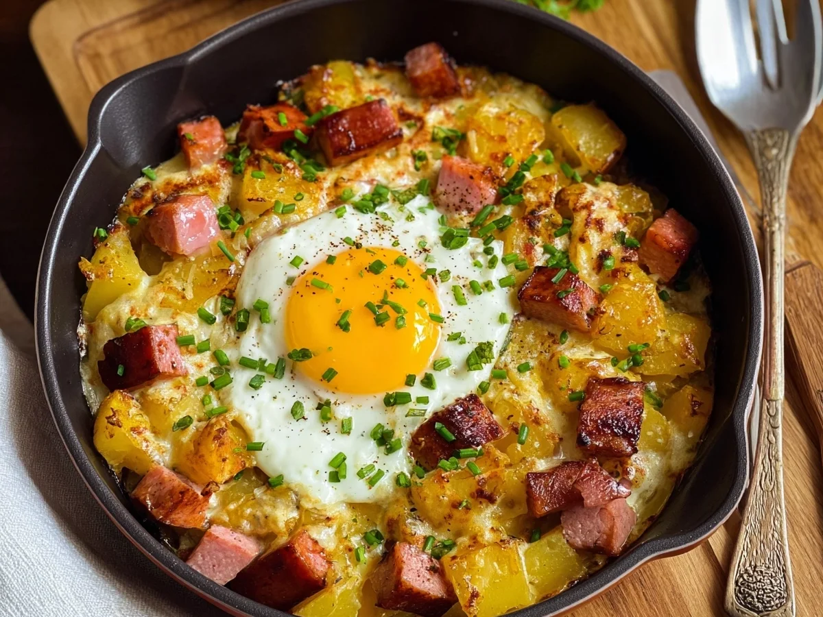 Herzhafter Leberkäse Kartoffelauflauf mit Spiegelei Rezept - Bild 1