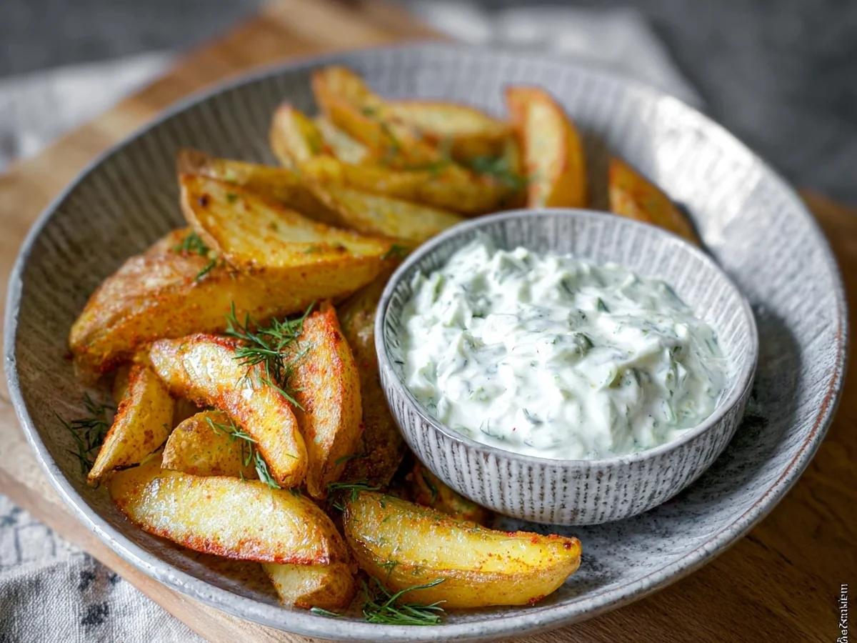Knusprige Kartoffelspalten mit cremigem Gurkendip - Bild 1