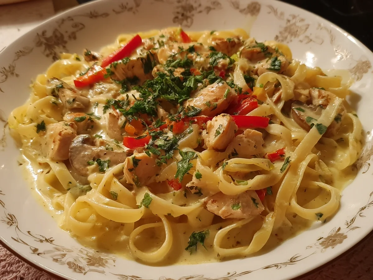 Nudeln mit Hähnchen in cremiger Paprikasoße - Bild 1
