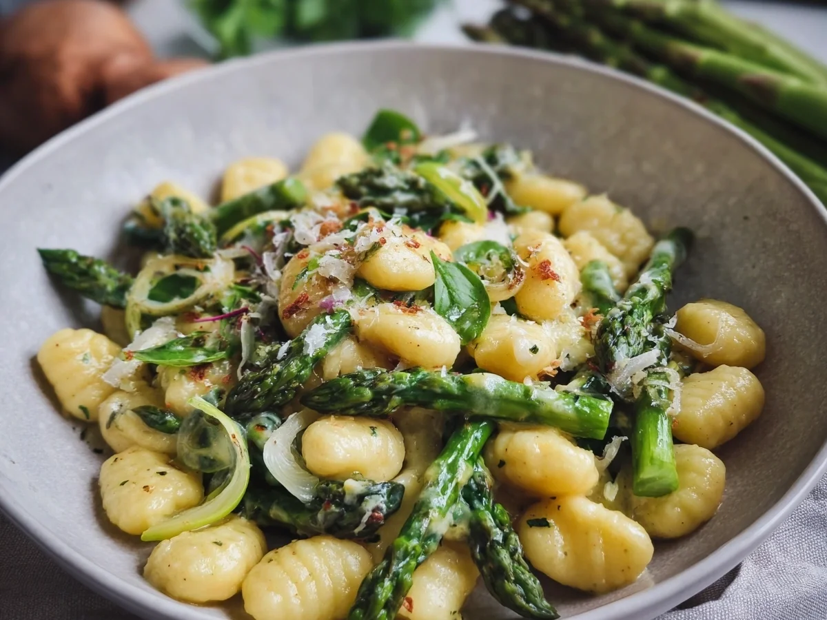 Schnelle Gnocchi mit grünem Spargel in Rahmsauce - Bild 1