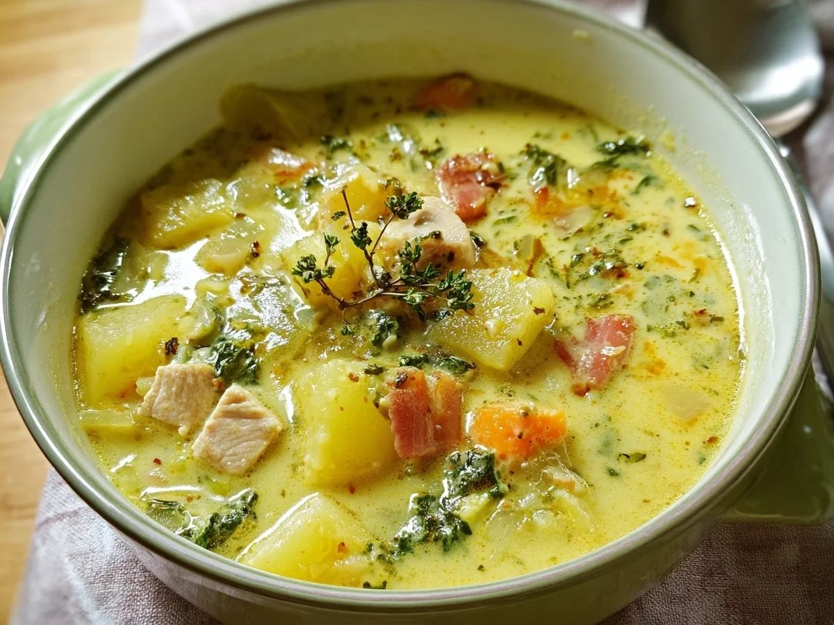 Cremige Kartoffel-Wirsing-Suppe mit zarten Putenwürfeln - Beitragsbild