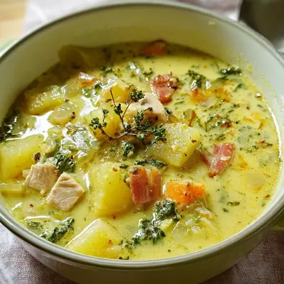 Cremige Kartoffel-Wirsing-Suppe mit zarten Putenwürfeln
