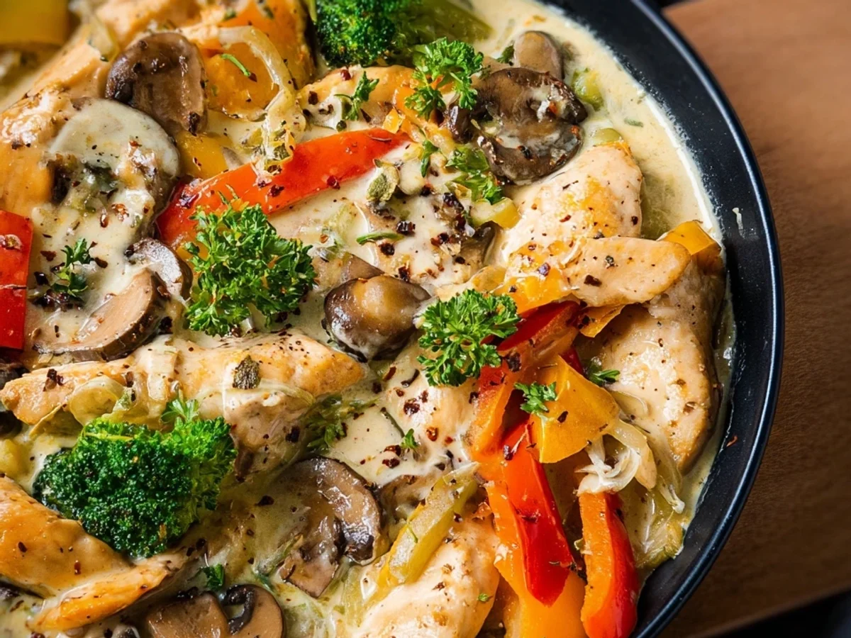 Cremiges Hähnchen-Geschnetzeltes mit frischem Gemüse - Beitragsbild