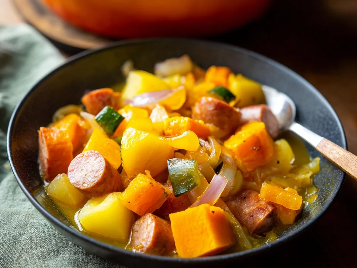 Deutscher Herbst-Eintopf mit Kürbis & würzigen Würstchen - Beitragsbild
