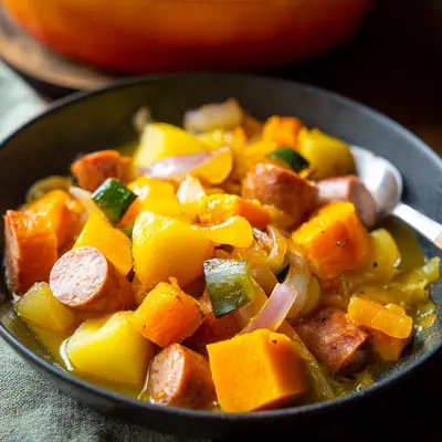 Deutscher Herbst-Eintopf mit Kürbis & würzigen Würstchen