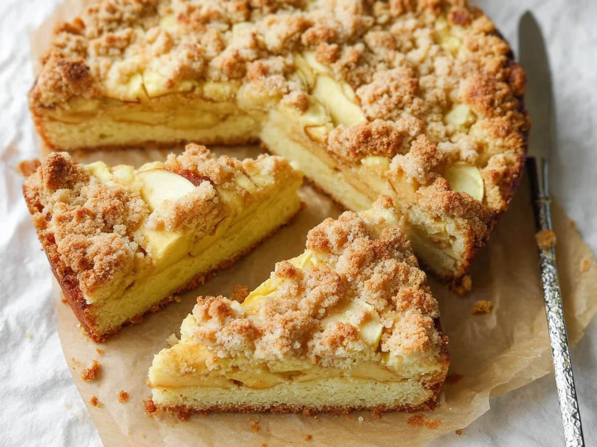 Einfacher Apfelkuchen vom Blech mit knusprigen Streuseln - Beitragsbild