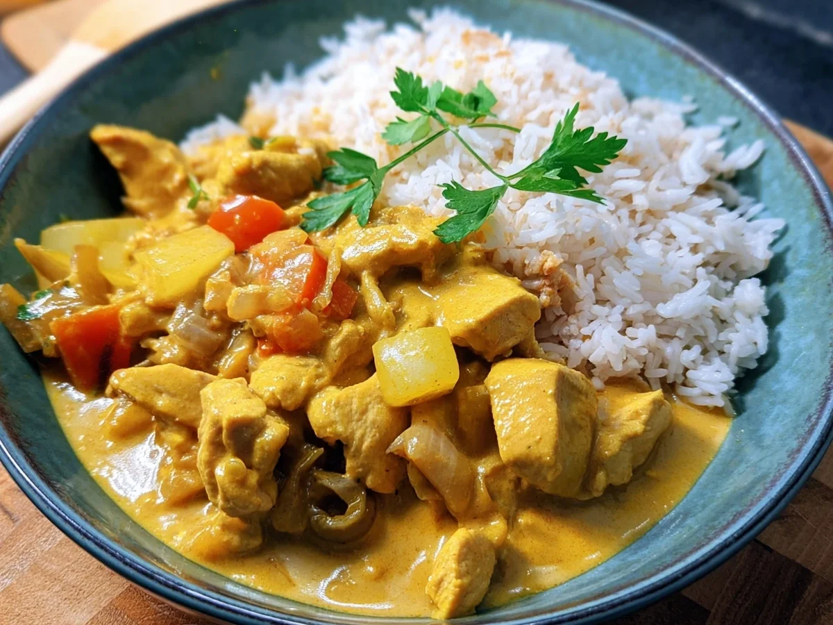 Einfaches Cremiges Curry-Geschnetzeltes mit Reis - Beitragsbild