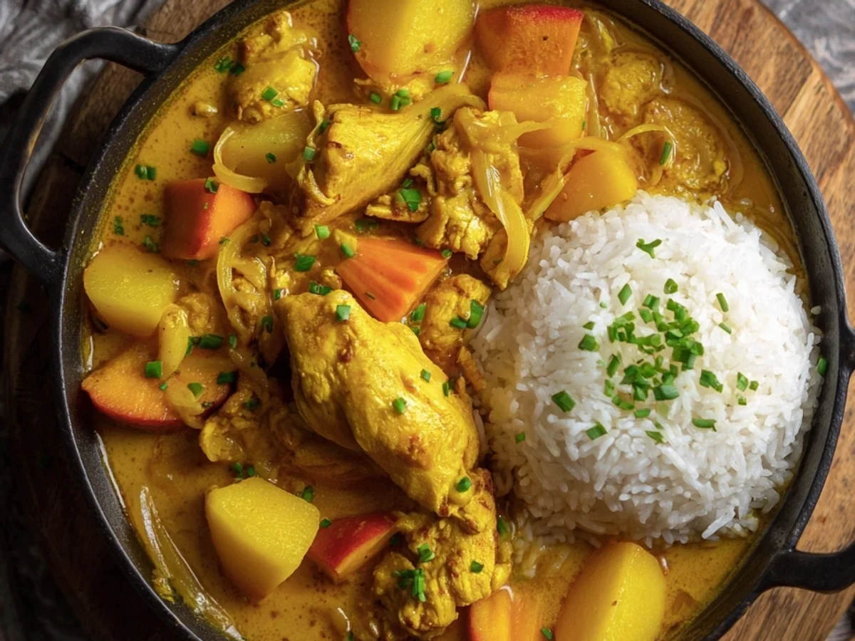 Fruchtiges Hähnchen Curry mit Reis & Pfirsich - Beitragsbild