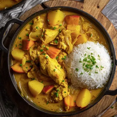Fruchtiges Hähnchen Curry mit Reis & Pfirsich