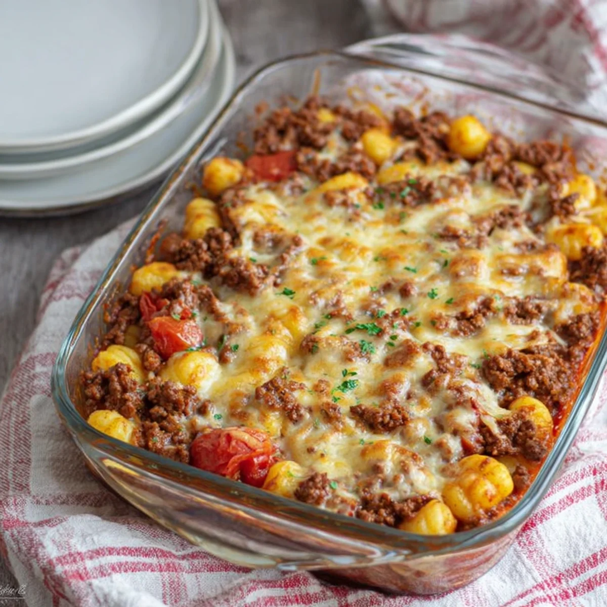 Herzhafter Gnocchi Auflauf mit Rinderhackfleisch & Käse