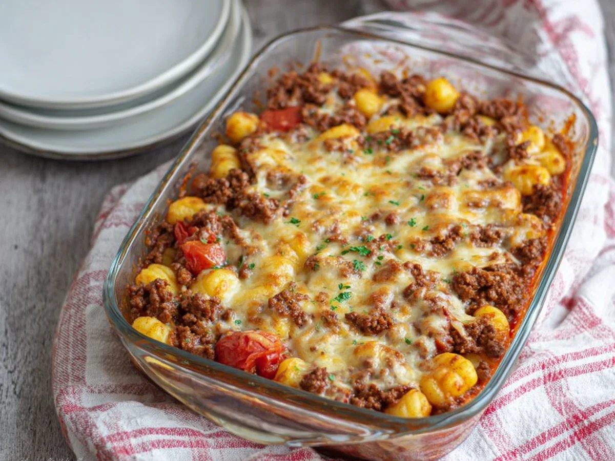 Herzhafter Gnocchi Auflauf mit Rinderhackfleisch & Käse - Beitragsbild