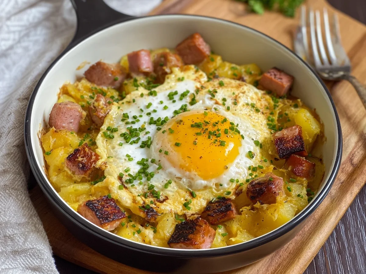 Herzhafter Leberkäse Kartoffelauflauf mit Spiegelei Rezept - Beitragsbild