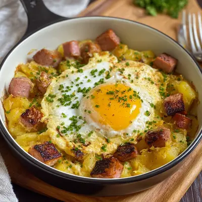 Herzhafter Leberkäse Kartoffelauflauf mit Spiegelei Rezept