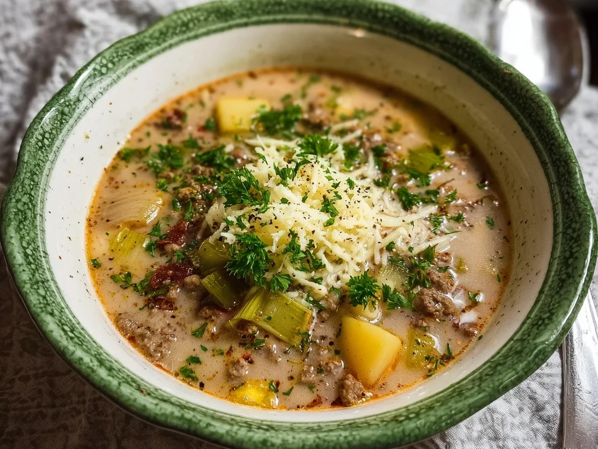 Klassische Lauch-Käse-Suppe mit Hackfleisch schnell - Beitragsbild