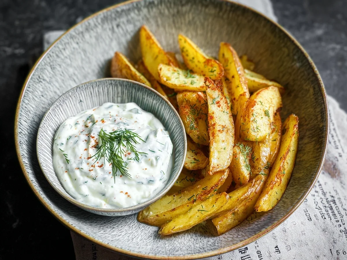 Knusprige Kartoffelspalten mit cremigem Gurkendip - Beitragsbild