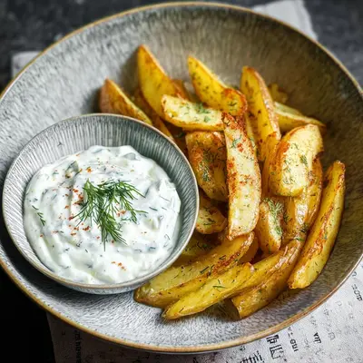 Knusprige Kartoffelspalten mit cremigem Gurkendip