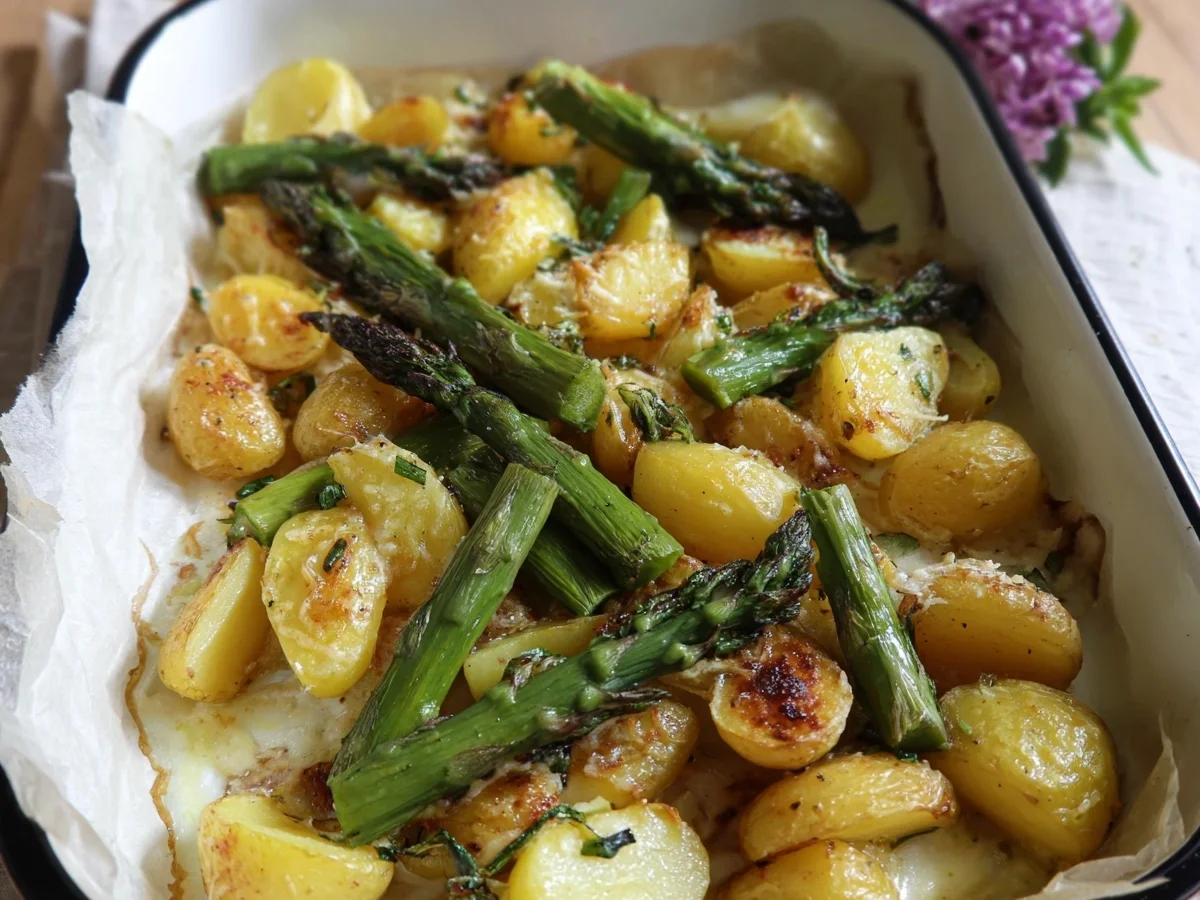 Knusprige Parmesan-Kartoffeln & grüner Spargel aus dem Ofen - Beitragsbild