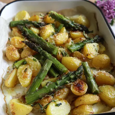 Knusprige Parmesan-Kartoffeln & grüner Spargel aus dem Ofen