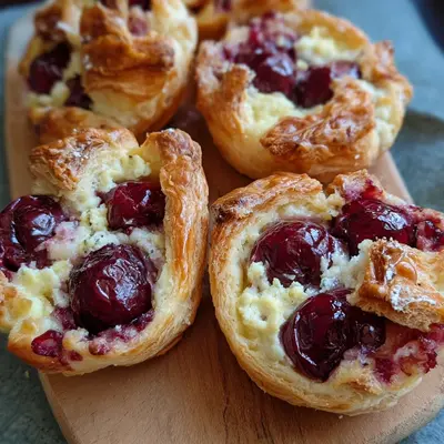 Käsekuchen-Blätterteigteilchen mit Kirschen schnell gemacht