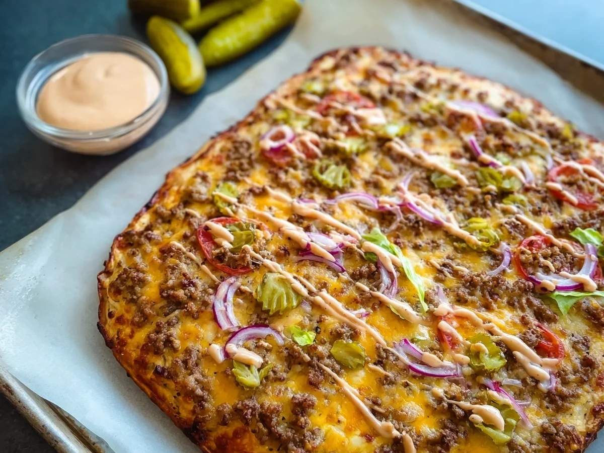 Low Carb Big Mac Pizza vom Blech: Schnelles Rezept - Beitragsbild