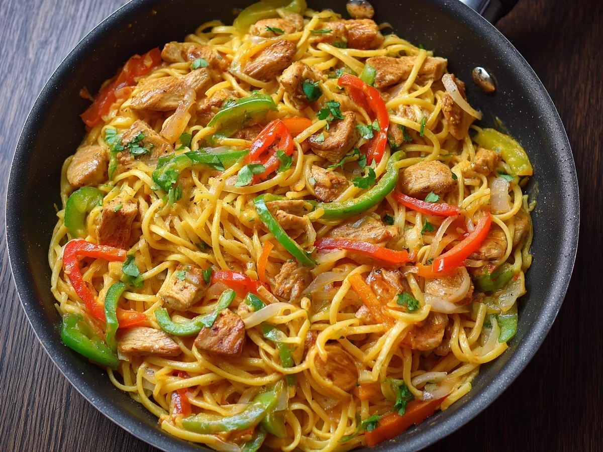 Nudeln mit Hähnchen in cremiger Paprikasoße - Beitragsbild
