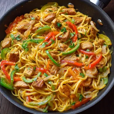 Nudeln mit Hähnchen in cremiger Paprikasoße