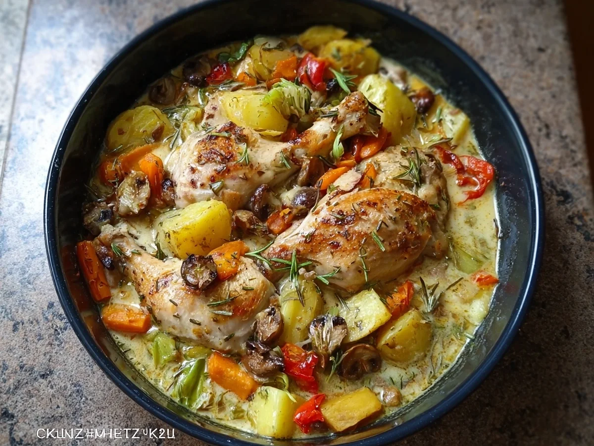 Rustikales Huhn mit Gemüsesoße: Einfaches Ofenrezept - Beitragsbild