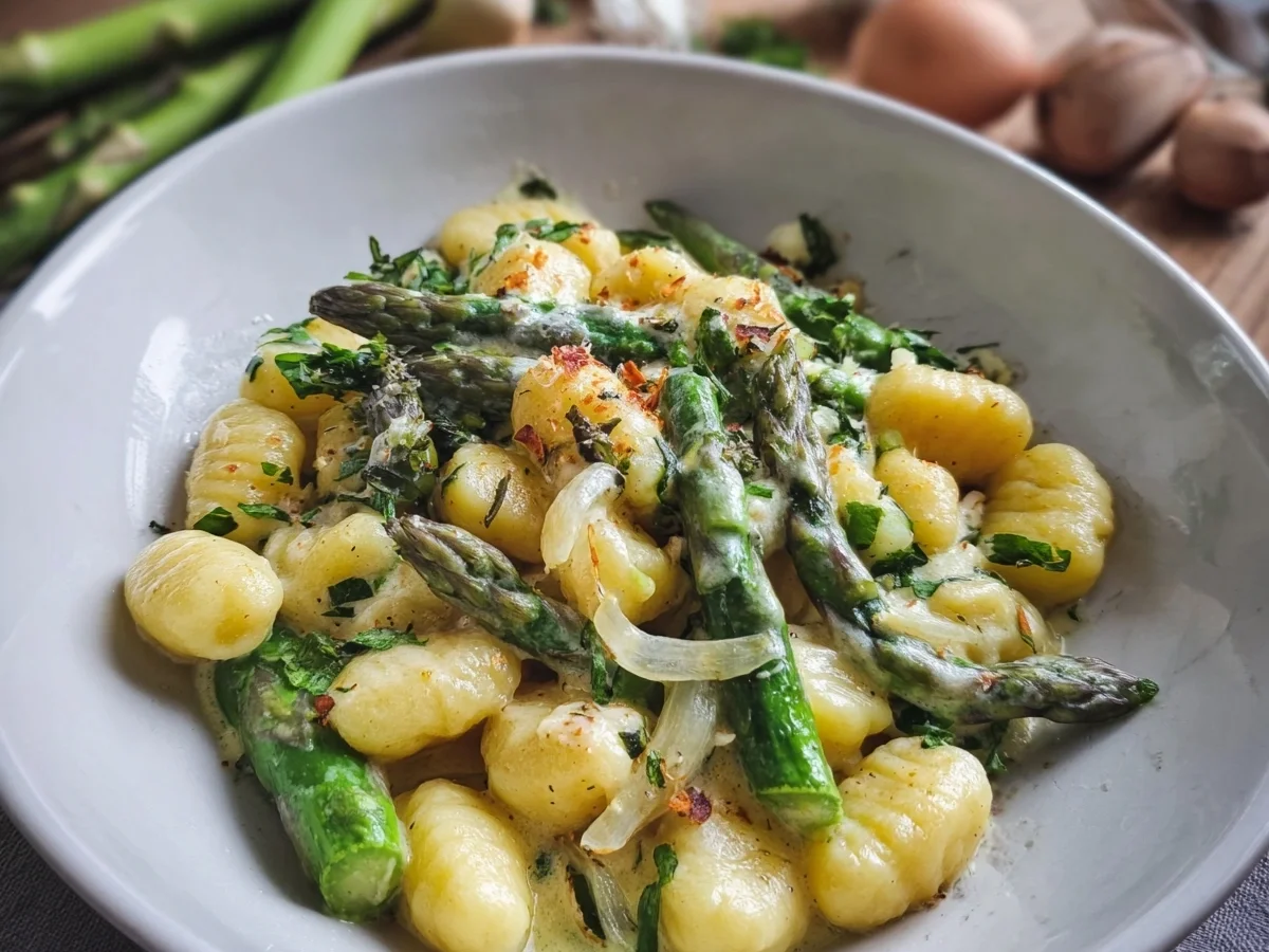 Schnelle Gnocchi mit grünem Spargel in Rahmsauce - Beitragsbild