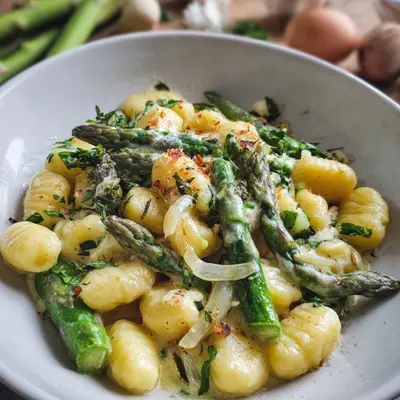 Schnelle Gnocchi mit grünem Spargel in Rahmsauce