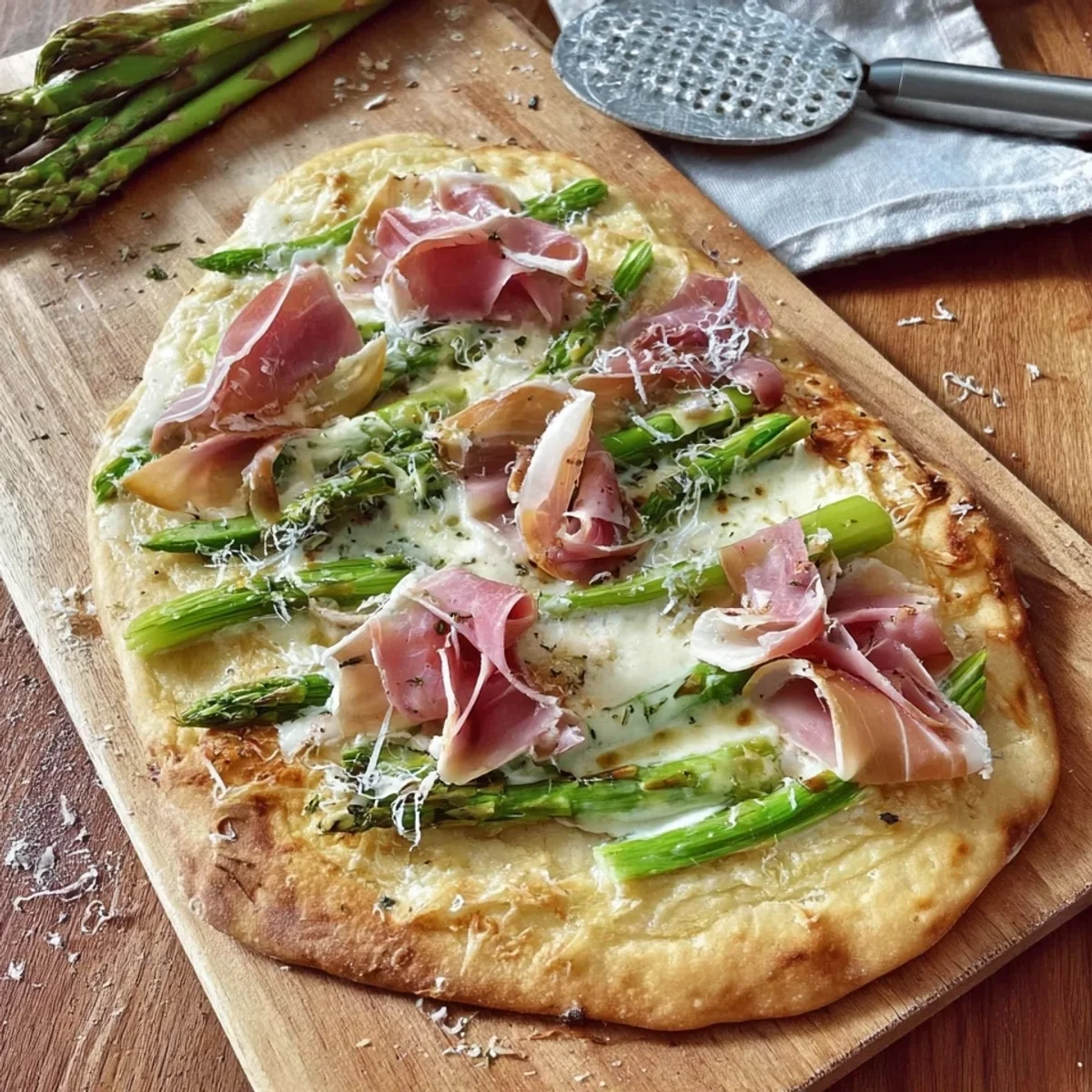 Schneller Flammkuchen mit grünem Spargel & Truthahn