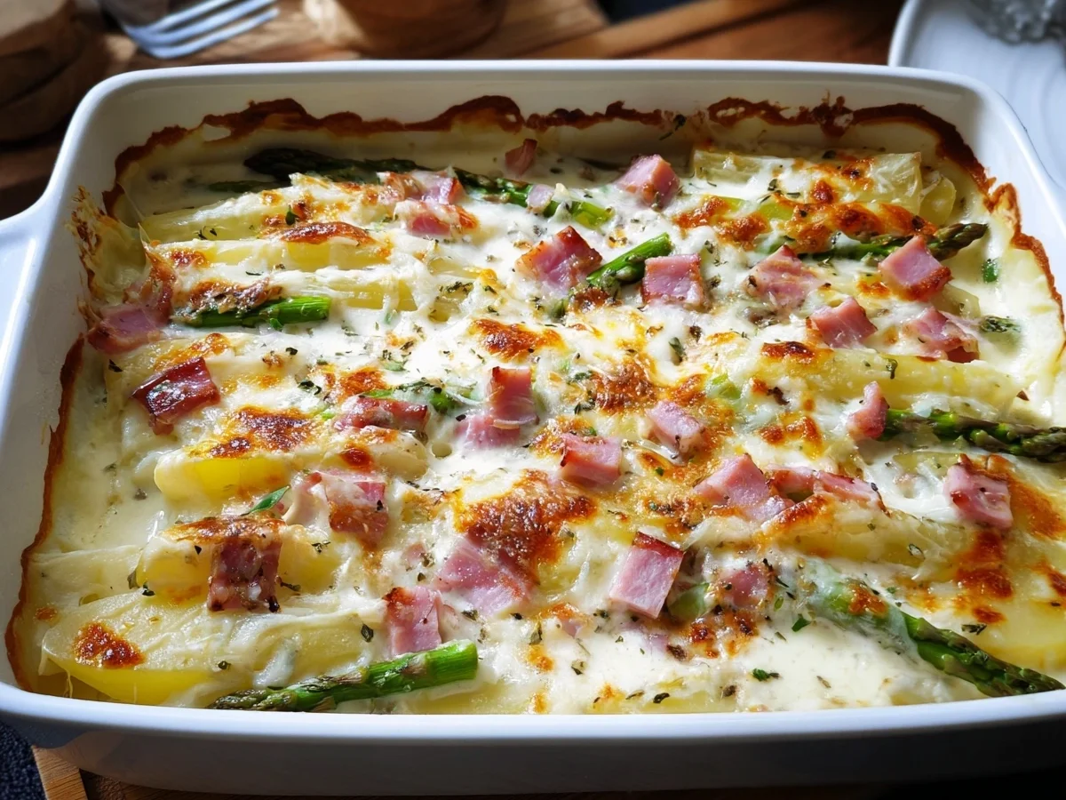 Schneller Spargelauflauf mit Kartoffeln & Putenschinken - Beitragsbild