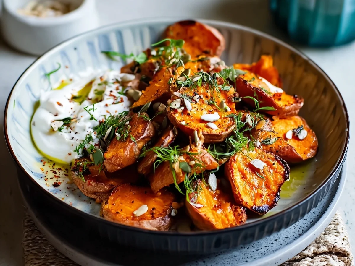 Süßkartoffeln vom Blech mit cremigem Knobidip - Beitragsbild