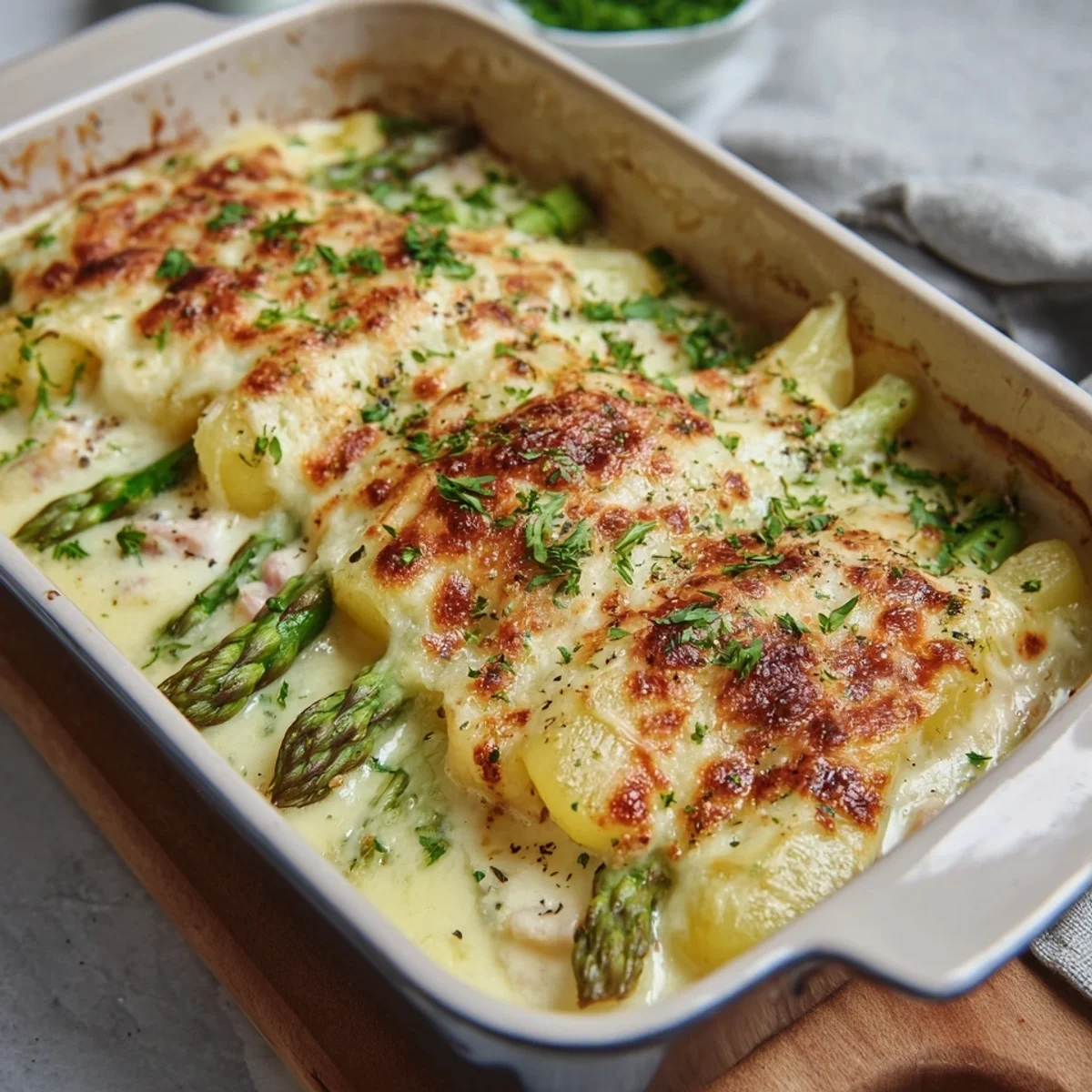 Spargelauflauf mit Kartoffeln & Putenschinken Leicht