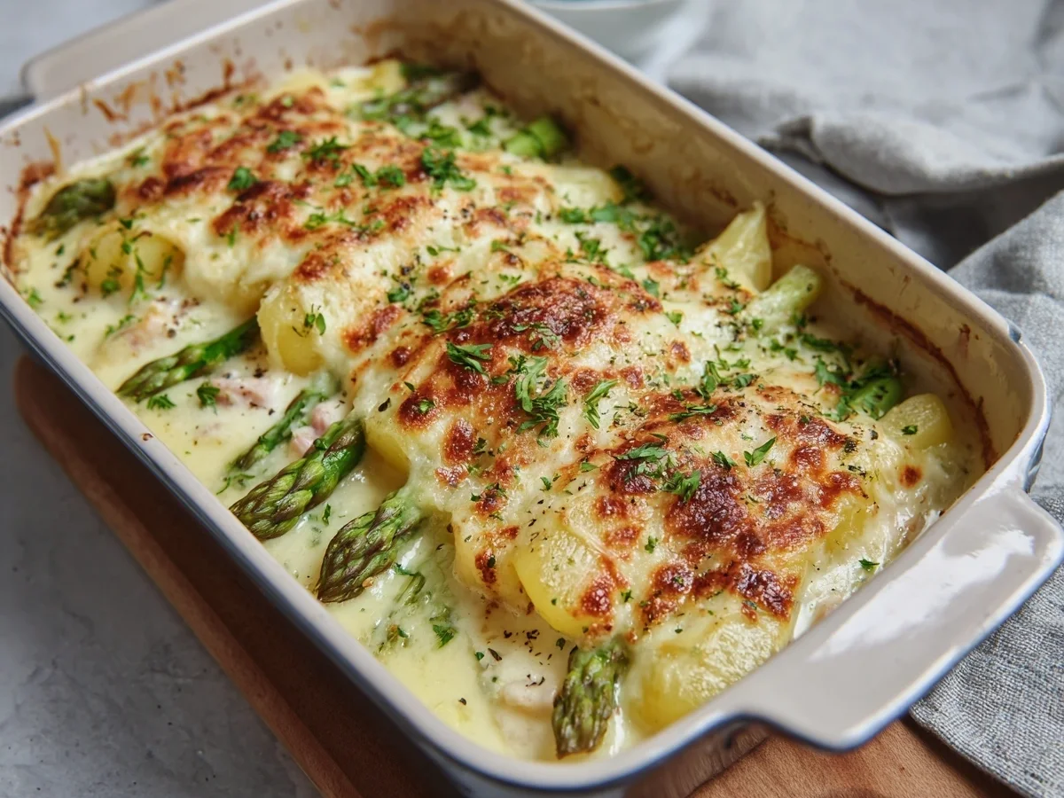 Spargelauflauf mit Kartoffeln & Putenschinken Leicht - Beitragsbild