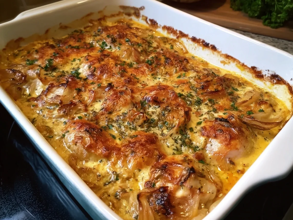 Zwiebel-Sahne-Hähnchen aus dem Ofen: Cremig & einfach - Beitragsbild